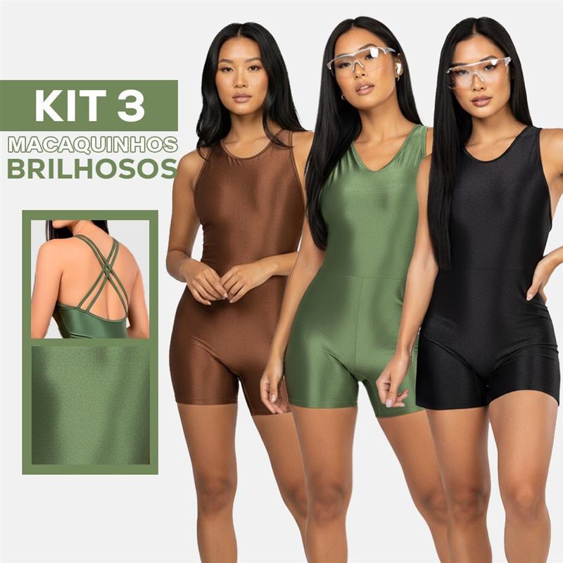 KIT 3 Macaquinhos Esportivo Feminino Canelado com Brilho – Perfeito para Treinos