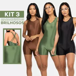 KIT 3 Macaquinhos Esportivo Feminino Canelado com Brilho – Perfeito para Treinos e Academia