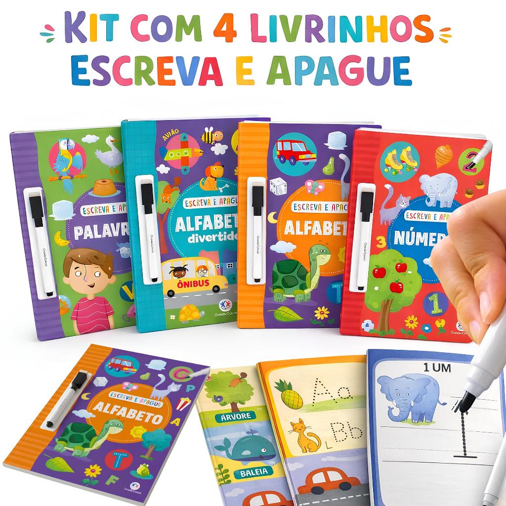 Kit Livro De Atividades Caneta Mágica Letra Cursiva Caligrafia Infantil Alfabeto Palavras Números