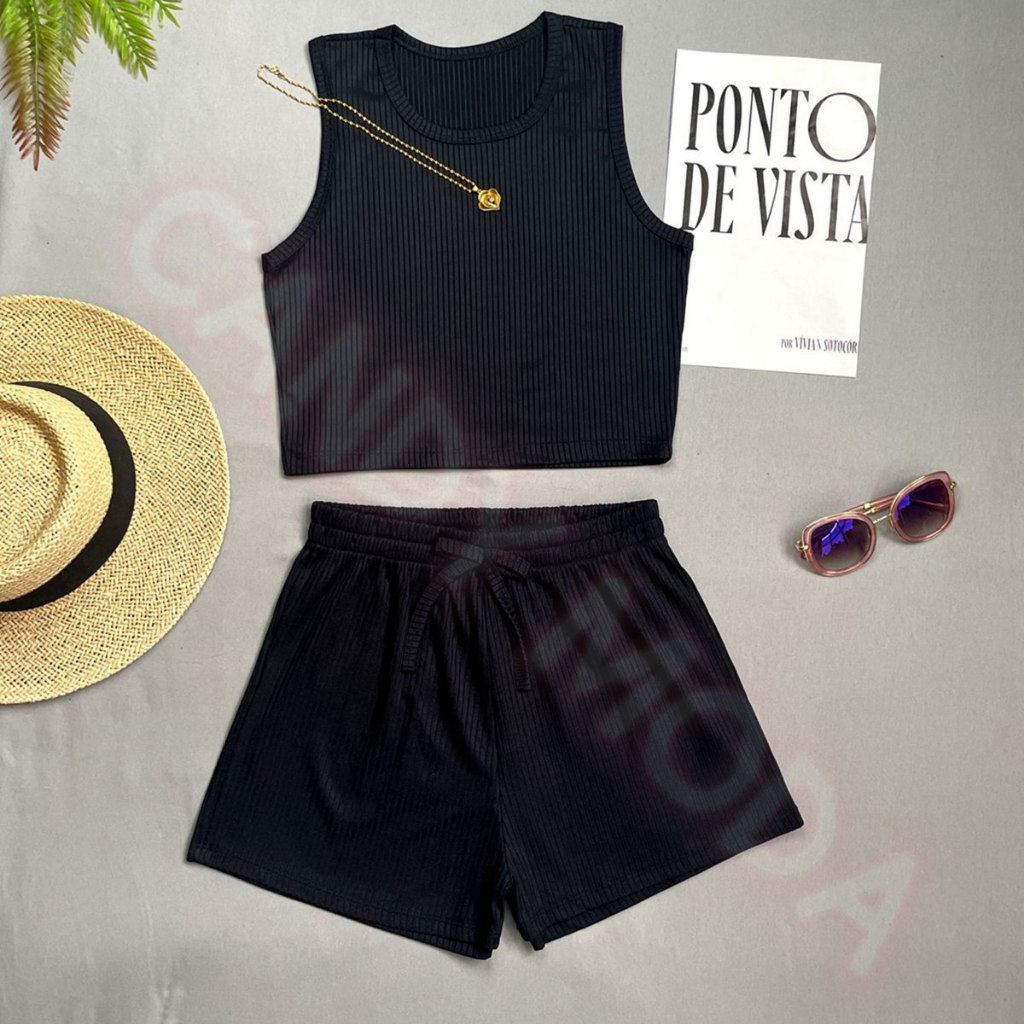 Conjunto Feminino Cropped e Short Canelado Confortável Moda Verão Casual em Oferta na Shopee