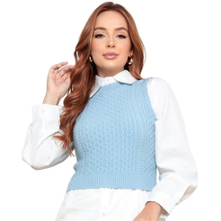 Colete Trança Tricot Modal Feminino | Tendência Inverno 2026 | Gola Careca | Tamanho Único 36-42