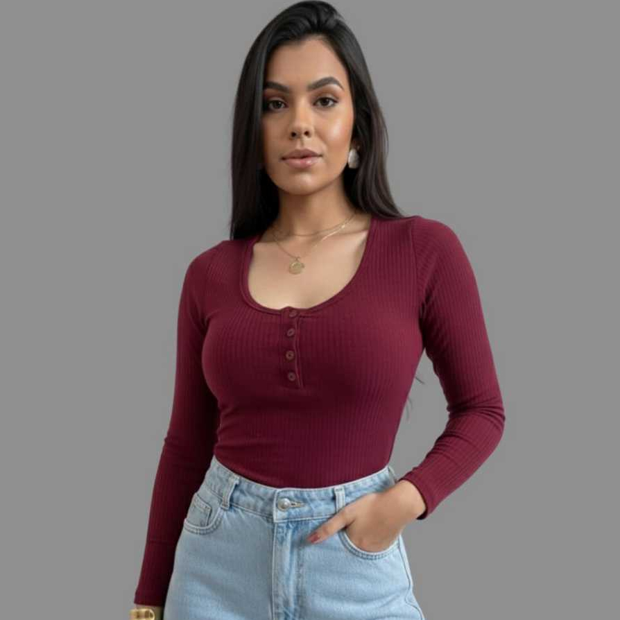 Blusa Básica Frio Canelada Feminina Gola Redonda Botões Funcionais Suéter Manga Longa Casual em Oferta na Shopee