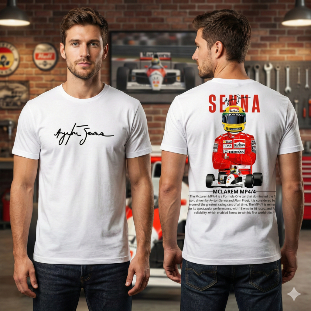 Camiseta Blusa Tendência Estampa Ayrton Senna F1 MP4 Frente e Costa Algodão Envio Imediato Masculina Feminina Unissex