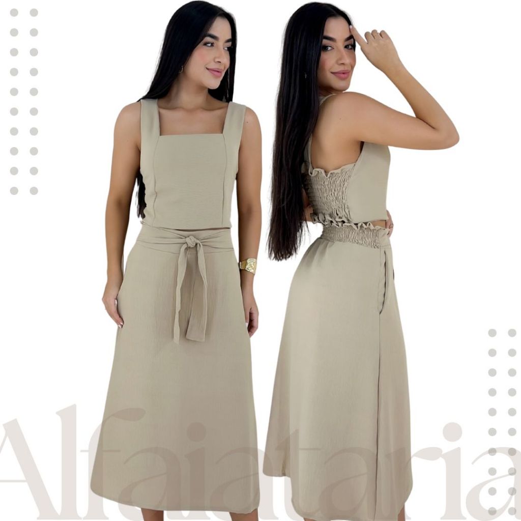 Conjunto Feminino Alfaiataria Saia Midi + Cropped Elegante