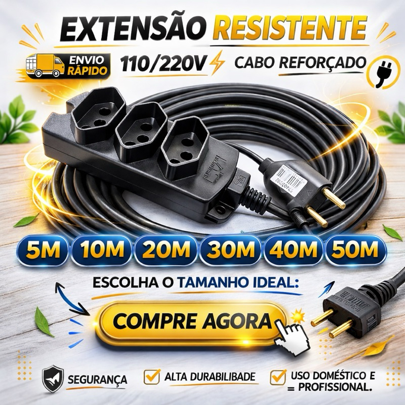 Extensão Cabo PP Reforçada 3 Tomadas Bivolt Uso Doméstico e profissional 5 metros 10m 20m 30m 40m 50m