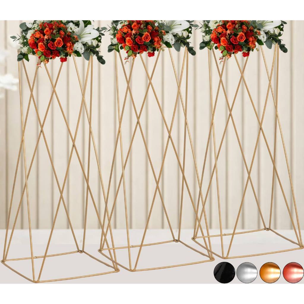 3 Porta Arranjo Vaso Dourado Coluna Quadrado Armação Decoração de Festa Alto 40cm
