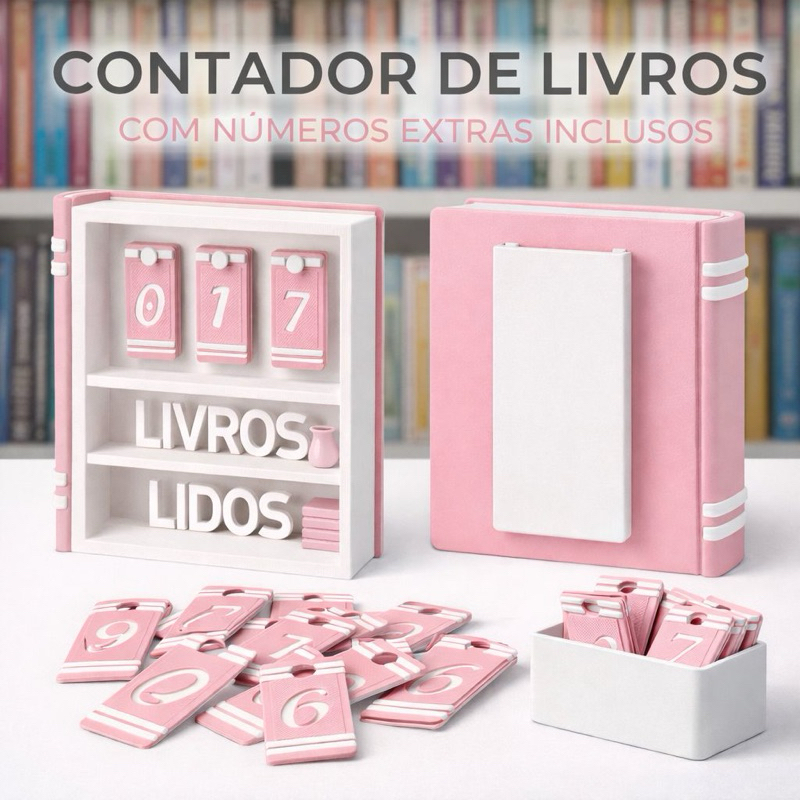 Contador de Livros Leitura até 999 – Organizador Decorativo com Porta Marca Página