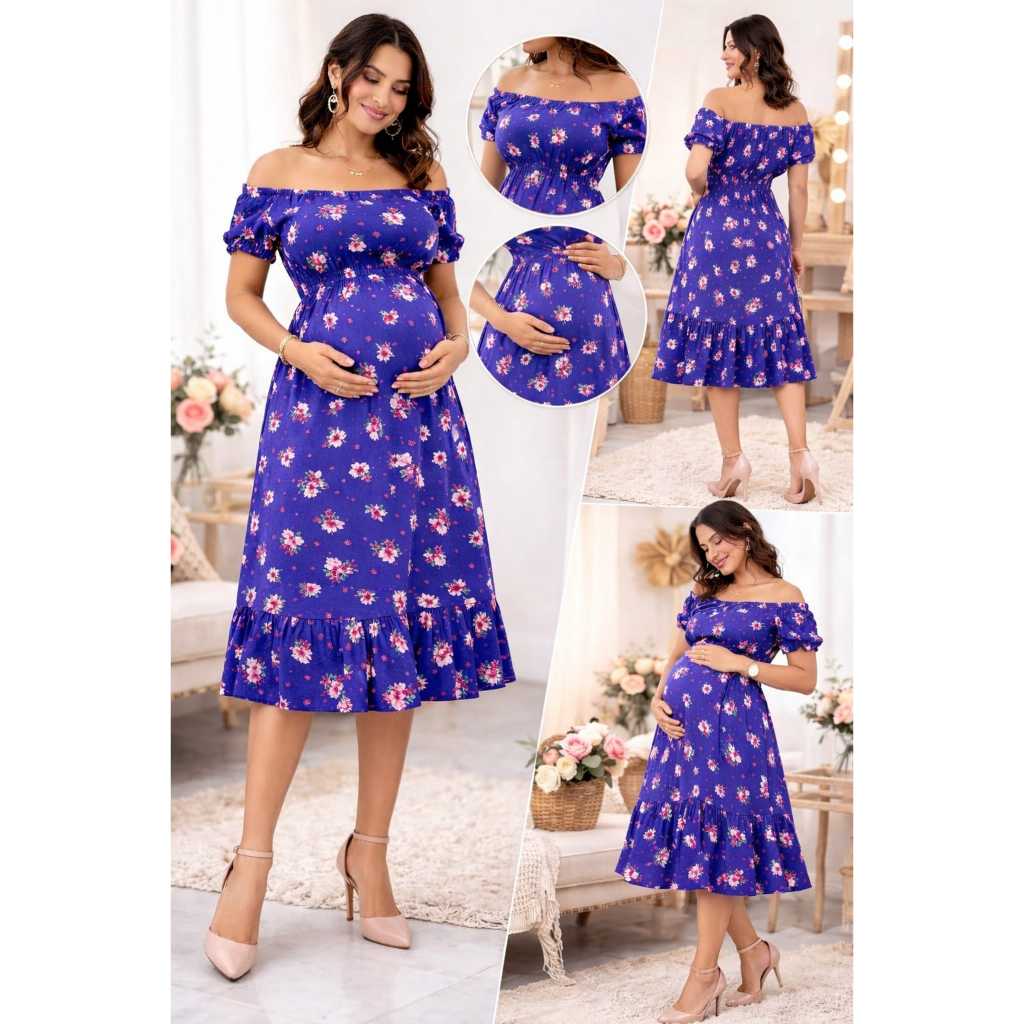Vestido Gestante Floral Midi Ombro a Ombro Moda Evangélica Feminino Soltinho Rodado Confortável Gravidez Ensaio Gestante em Oferta na Shopee