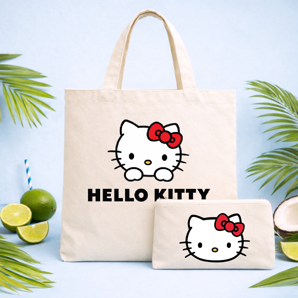 Kit Bolsa Necessaire1 Ecologica Hello Kitty Sacola Ecobag Praia Escola Lançamento