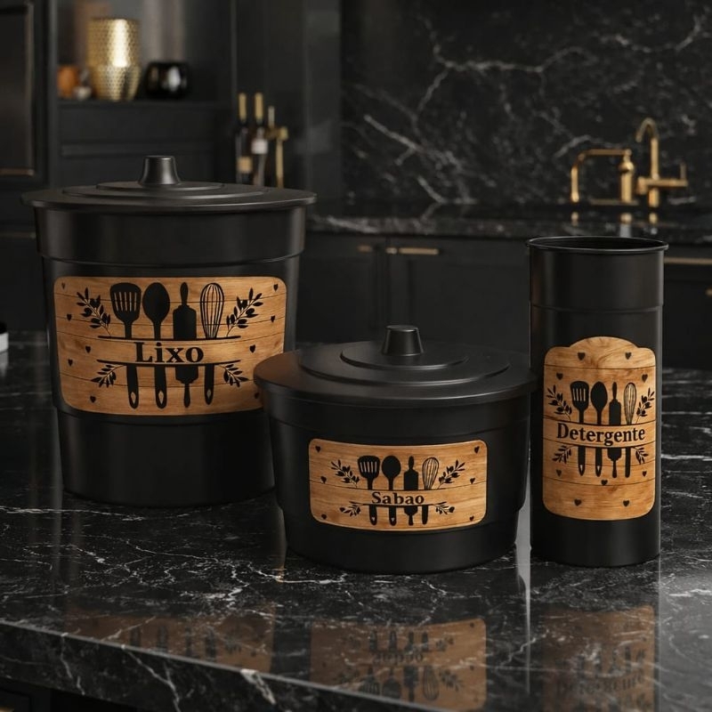 CONJUNTO KIT PIA 3 PEÇAS LIXEIRAS PORTA SABÃO E DETERGENTE- UTILIDADES DE COZINHAS