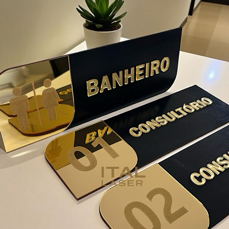 Kit 03 Placas de Porta Acrílico e MDF Preto  Personalizadas | Escritórios e Consultórios em Oferta na Shopee