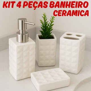 Kit Banheiro 4 Peças Saboneteira Porta Sabonete Líquido Ceramica eTextura Diamante Porta Escova Dente lindo e elegante em Oferta na Shopee