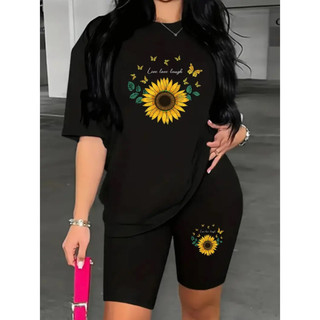CONJUNTO FEMININO BERMUDA LEGGING+CAMISETA ESTILOSO GIRASSOL FRASE