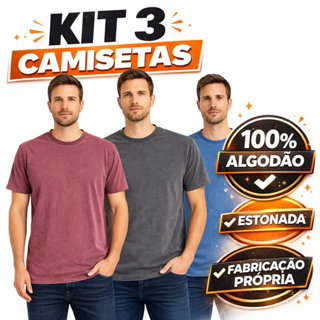 kit 3 Camisetas Masculinas 100% Algodão Básicas Estonadas Lisas em Oferta na Shopee