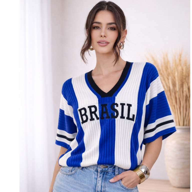 Blusa Feminina Brasil Súeter Seleção Tricot Moda Verão Copa Tecido Fang Decote V Manga Morcego