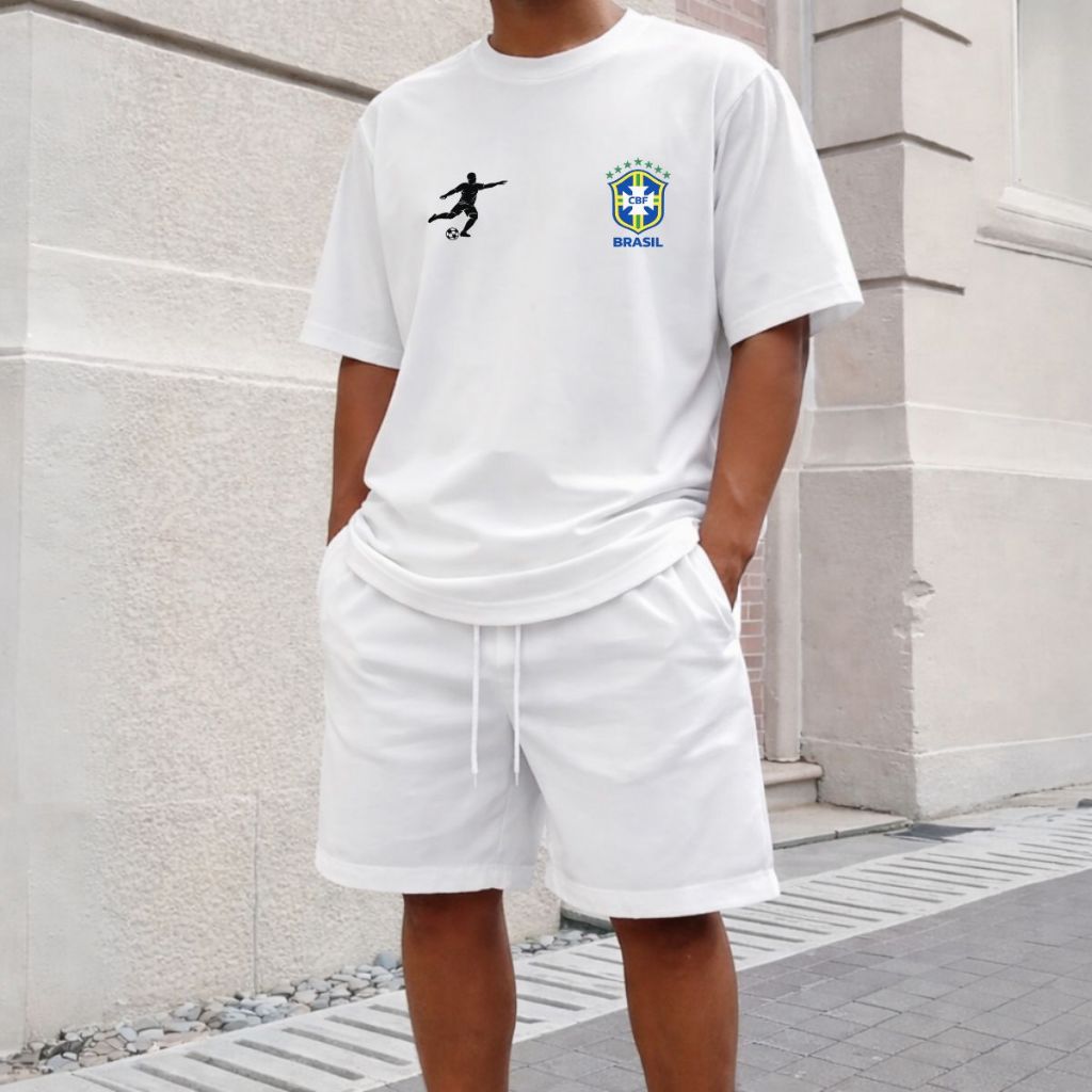 Kit Camiseta + Short Tactel Estampado Brasil Copa Do Mundo Neymar Premium