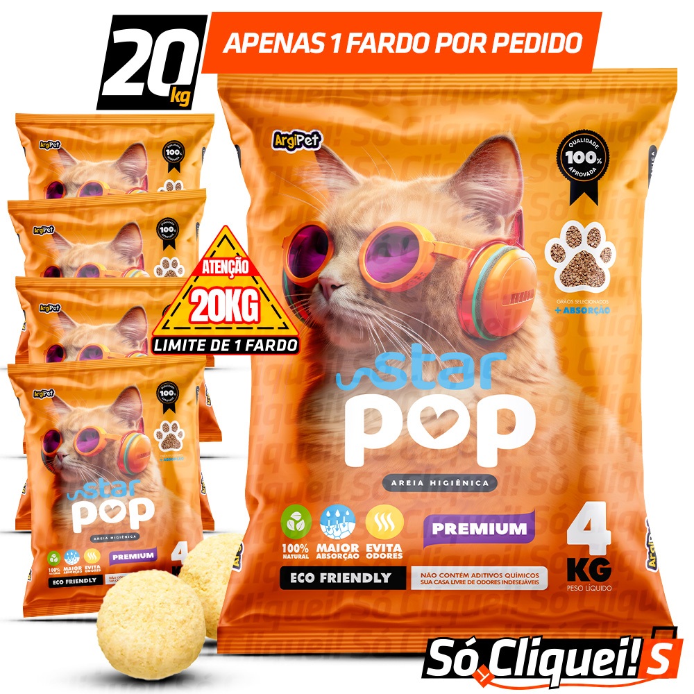 Kit 5 Pacotes Fardo de Granulado Sanitário Areia de Gato Star Pop Extra Fina Forma Torrões Alta Absorção Argipet 20KG