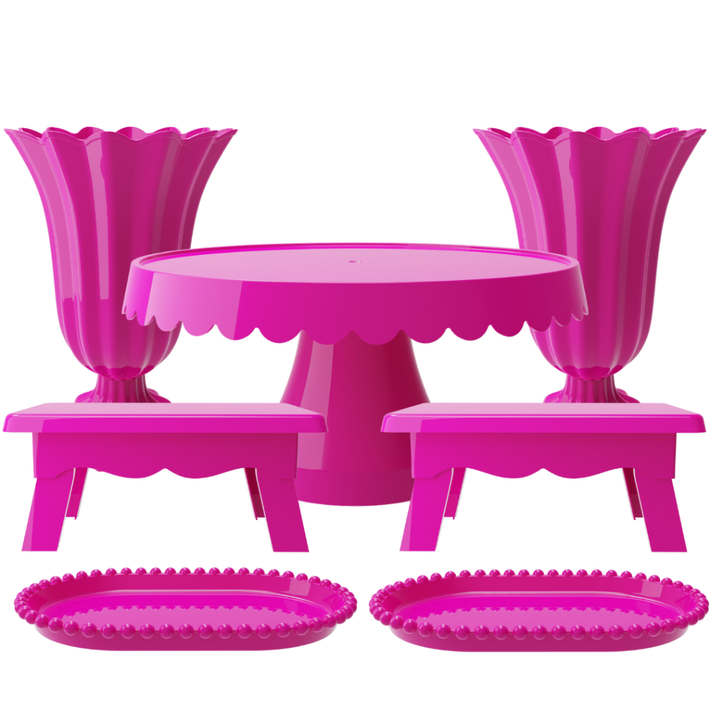 Kit Completo de Festa com 1 Boleira Popi Plus, 2 Vasos Popi, 2 Mesinhas e 2 Bandejas pérola. em Oferta na Shopee