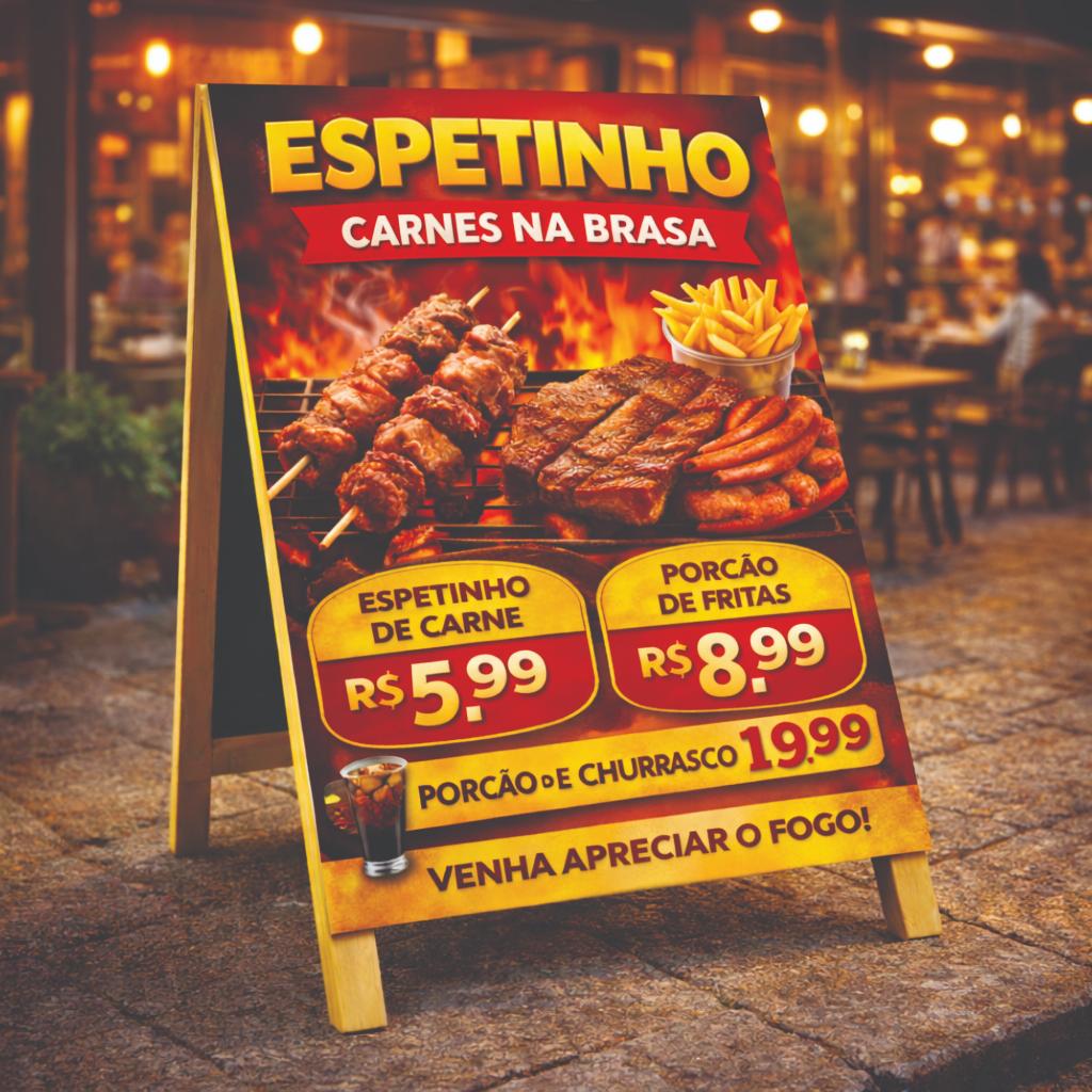 Cavalete de Madeira Para Espetinho 55x110cm Personalizado Dupla Face - Montamos sua Arte