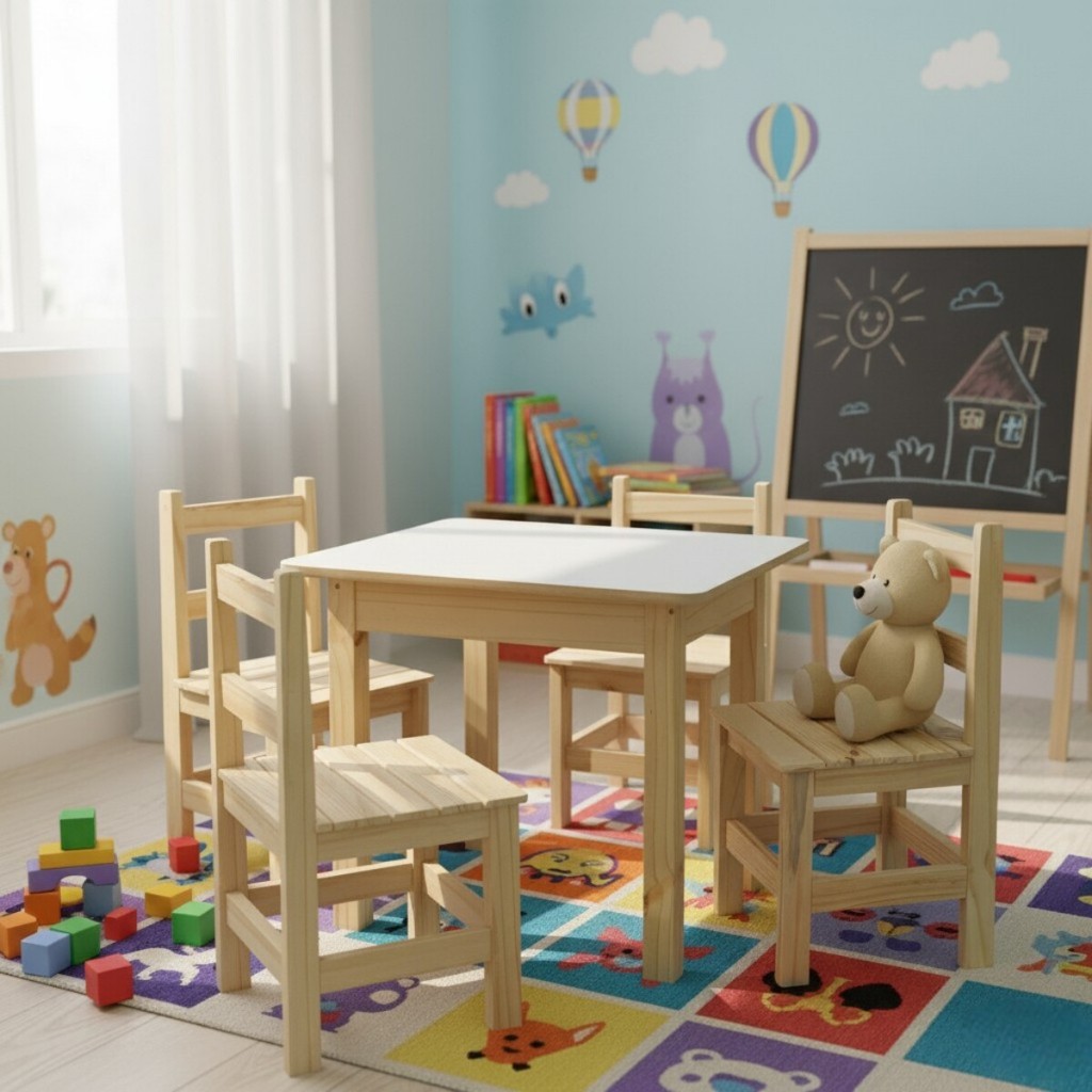 Conjunto Mesa Infantil Madeira Maciça Resistente 4 Cadeiras
