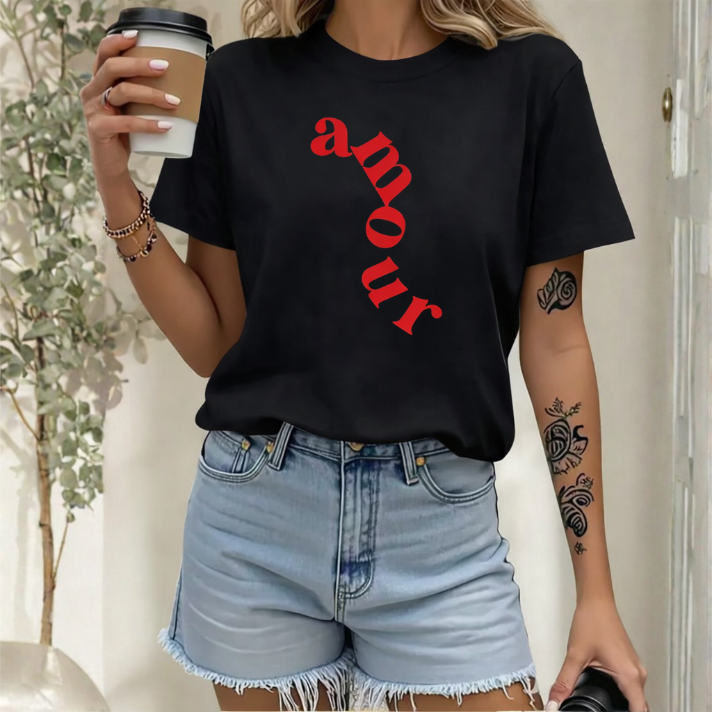 Baby Look Feminina T-shirt 100% Algodão Estampada Lançamento Gringa Amour Vermelho