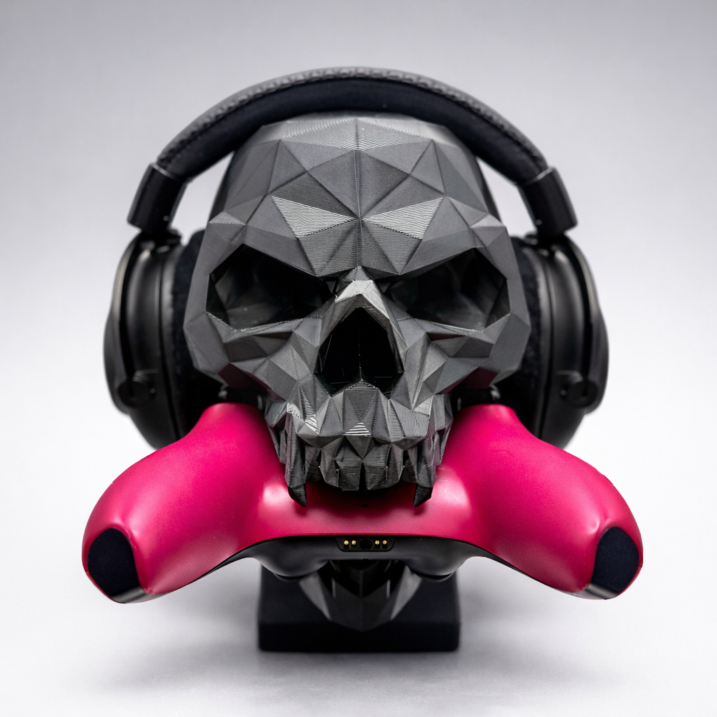 Suporte Headphone e Controle Caveira 3D Low Poly Gamer Organizador para Headset e Joystick