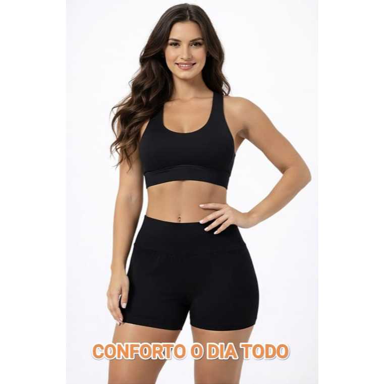 Conjunto Fitness Feminino Sem Costura Top + Short Cintura Alta Modelador Academia Yoga-Cod:MT160