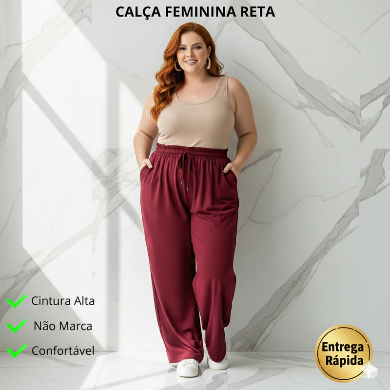 Calça Feminina Plus Size de Malha Reta Gestante Pijama Feminino Lycra Larga Pilates Grávida G4 G3 G2