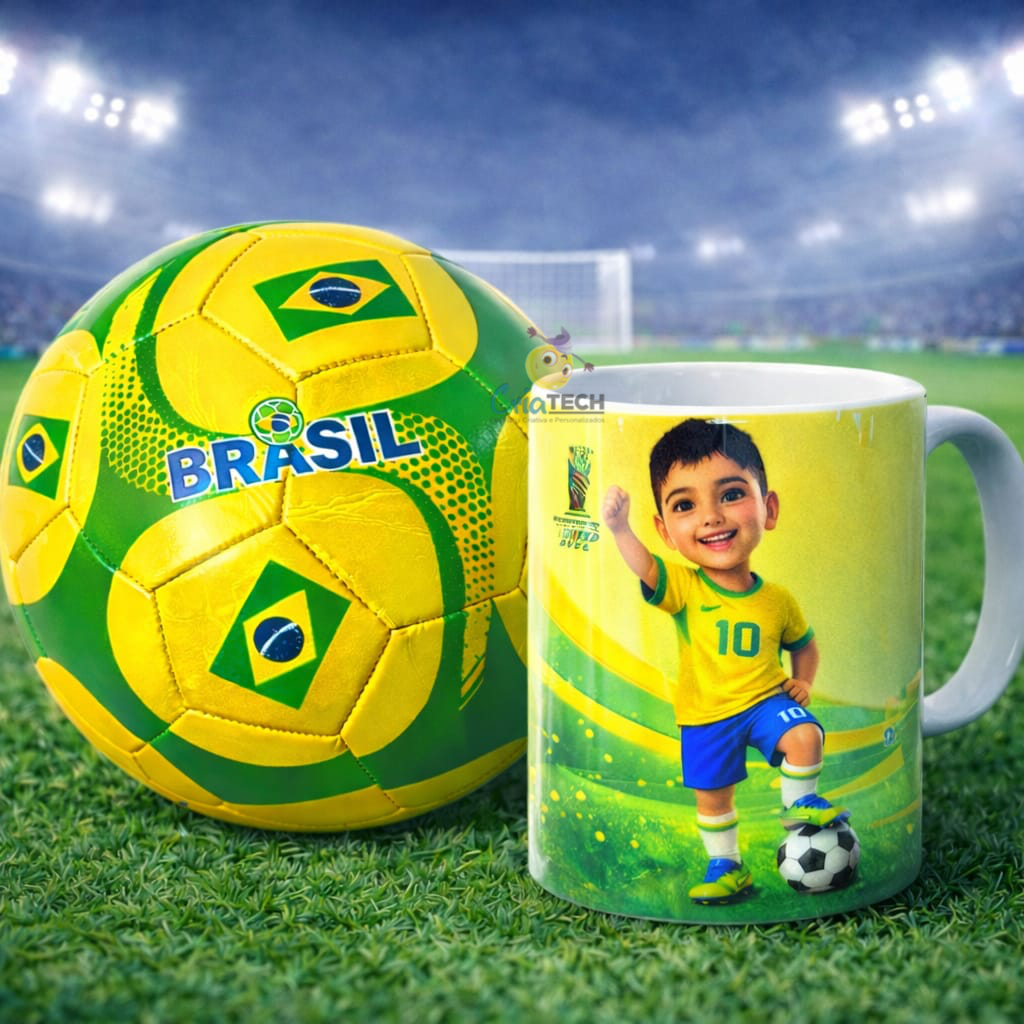 Kit Copa do Mundo Infantil - Caneca de Polímero Plástico Resistente Personalizada com Avatar da Criança e Nome + Bola