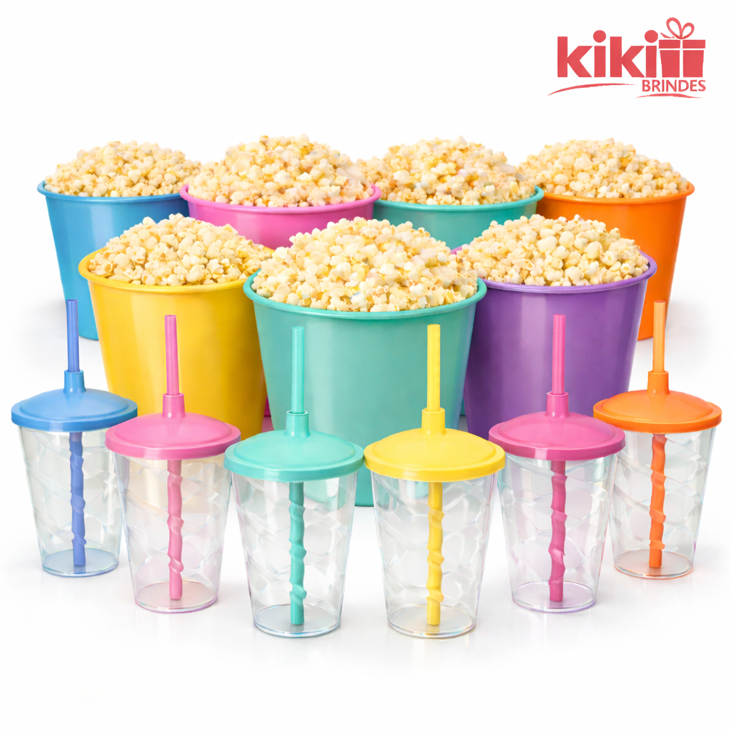 Kit Cinema/Cineminha Com 15 Copos Cristais Twister 400ml E 15 Baldinhos de Pipoca 1L (Total 30 Unidades)