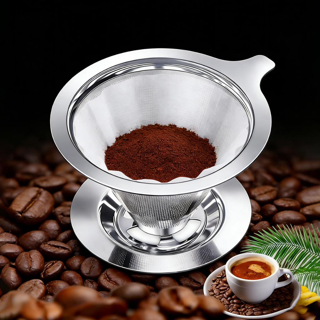 Filtro de café de aço inoxidável com base reutilizável funil de filtro de café para preparar um café mais encorpado