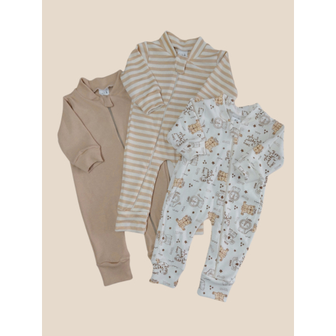Kit Lote 3 Macacão Bebê Suedine 100% Algodão com Zíper Bege | Neutro Menino Menina | Giralika