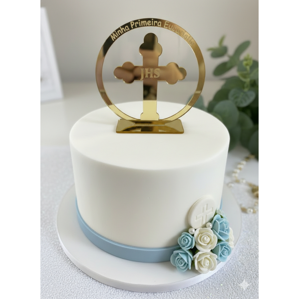 Topo de Bolo Primeira Eucaristia/Comunhão de Luxo com Cruz em Acrílico 15cm