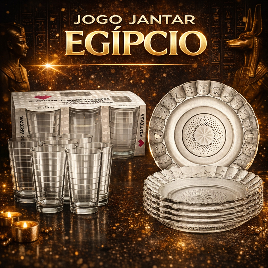 Jogo Jantar 12 Peças Com 6 Pratos Fundo + 6 Copos Vidro