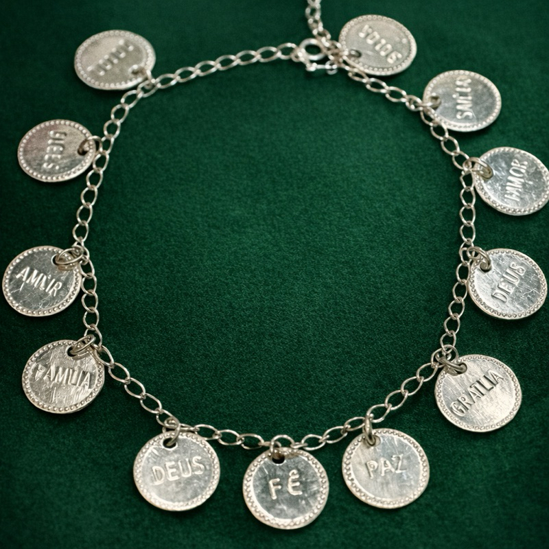 Pulseira Medalhas com Palavras Positivas em Prata 925 Joia Delicada