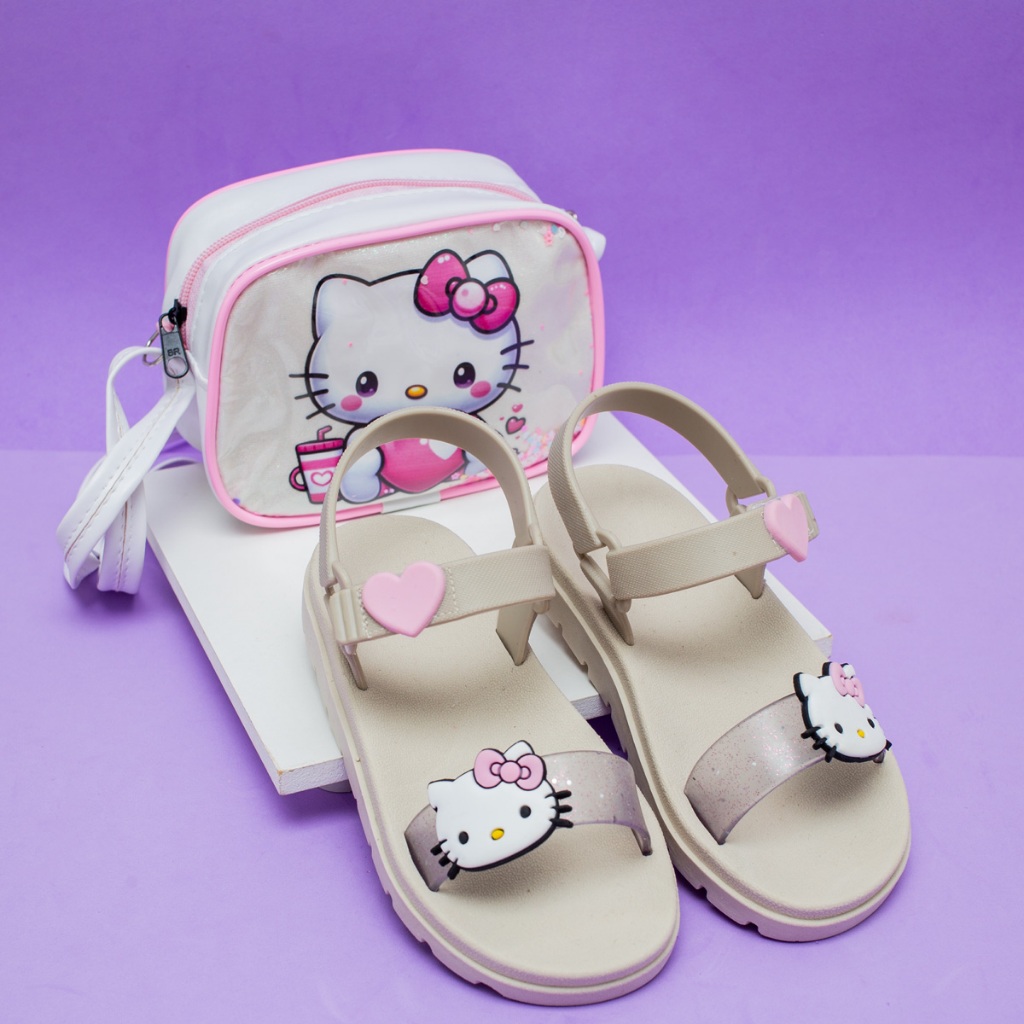 Kit Sandália Infantil Menina + Bolsinha Personagem Hello Kitty Casual Criança Leve Macia Confortável