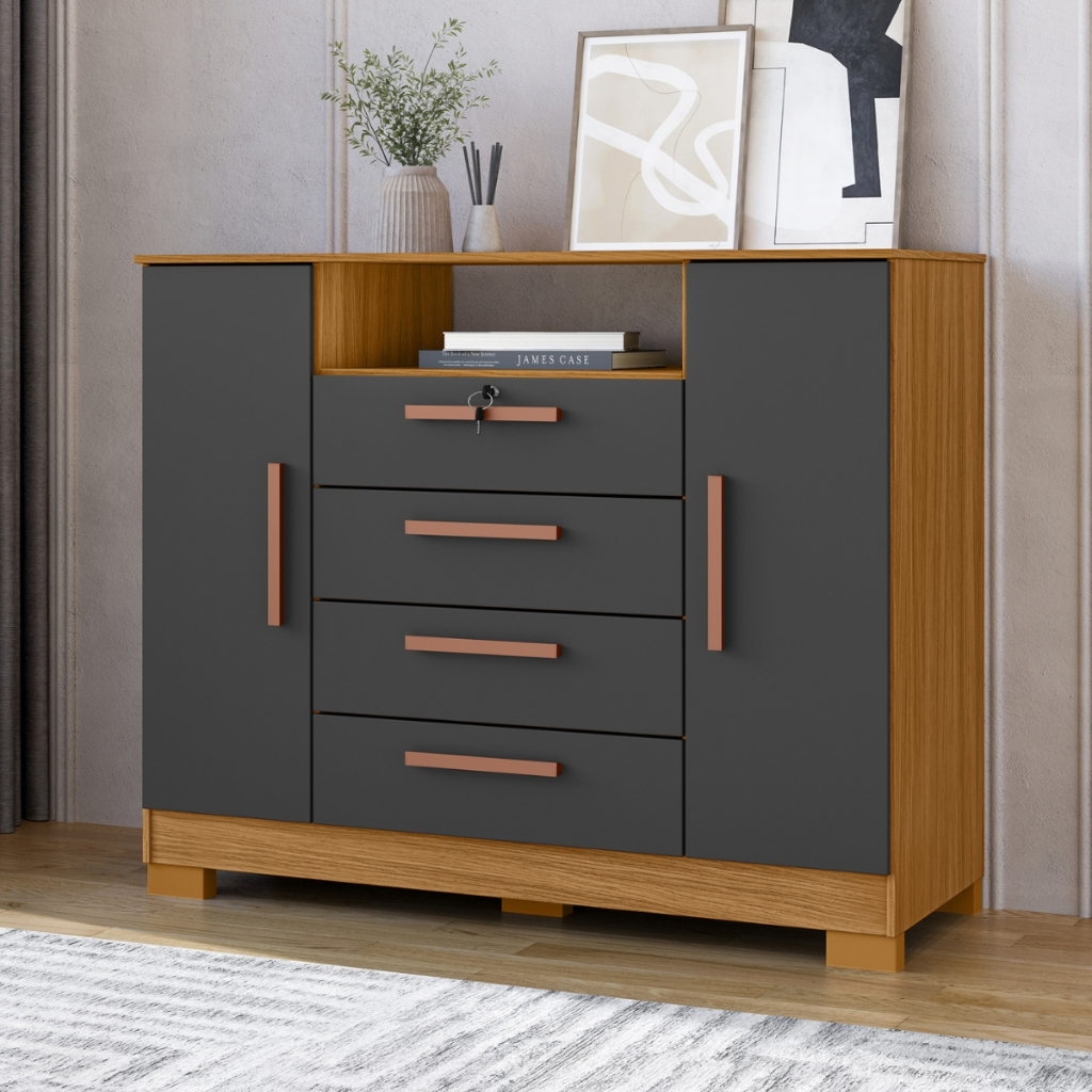 Comoda Organizadora 4 Gavetas 2 Portas Multiuso com Chave e Nicho Multifuncional Pintura UV 100% MDP Quarto Casal