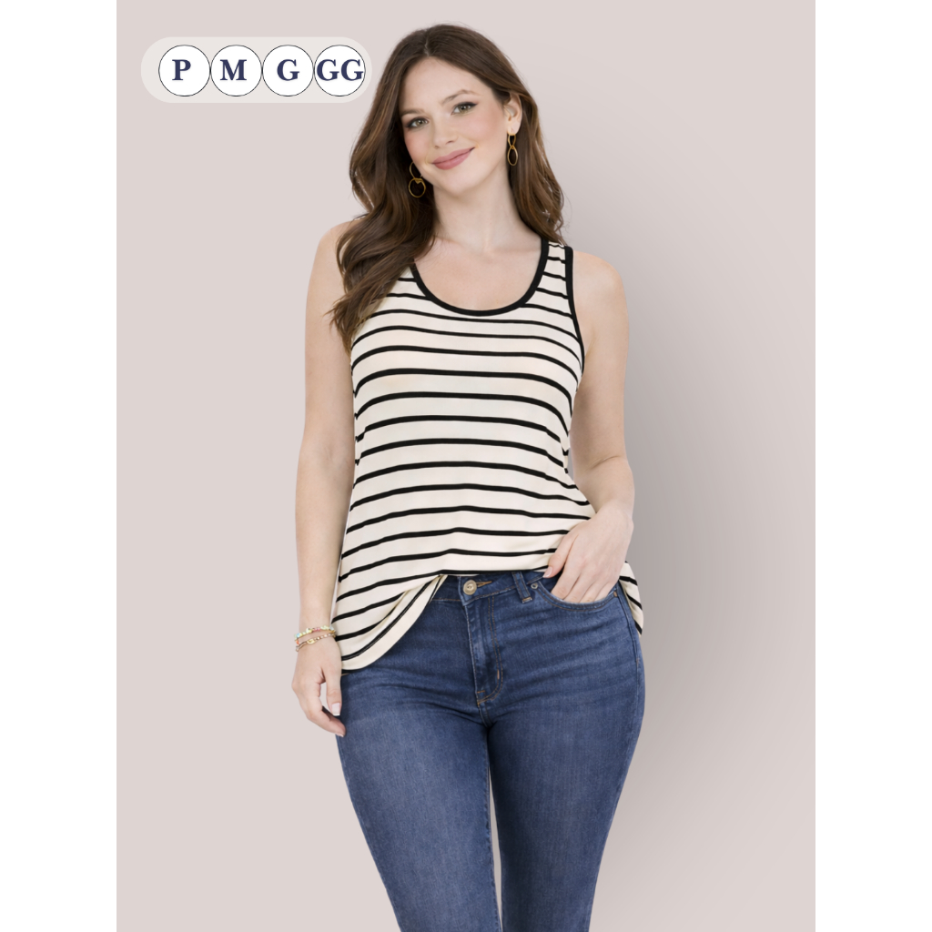 Blusa Regata Feminina Alça Grossa Listrada Branco Preto Detalhe Lateral Moda Casual