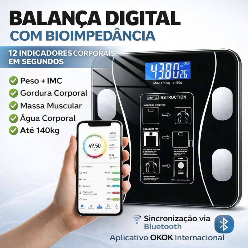 Balança Digital Inteligente Bioimpedância Bluetooth Aplicativo Visor LCD Premiun Peso Medida Gordura em Oferta na Shopee