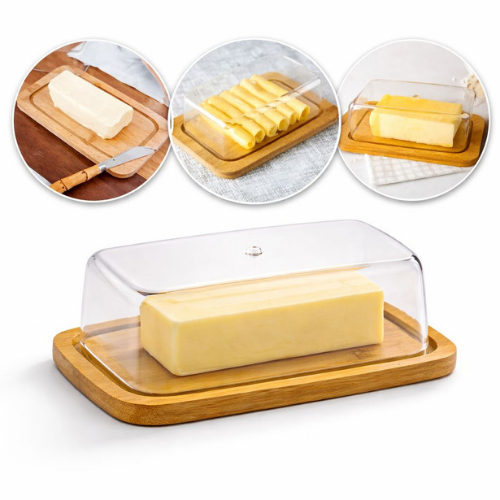 Manteigueira de Bambu e Tampa Acrílica Transparente Porta Manteiga para Frios Queijo Multiuso