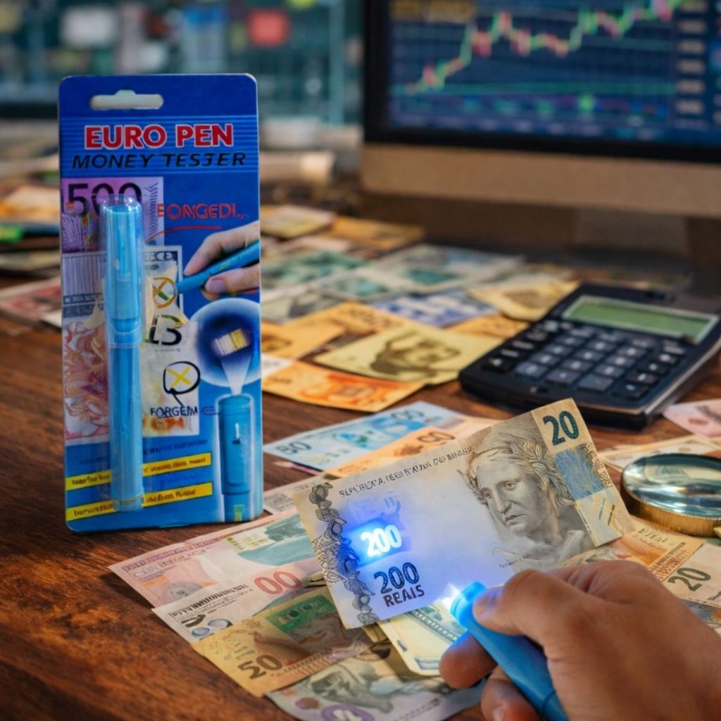 Caneta Teste de Dinheiro Falso com Luz Negra Detector de Notas Azul/Roxo