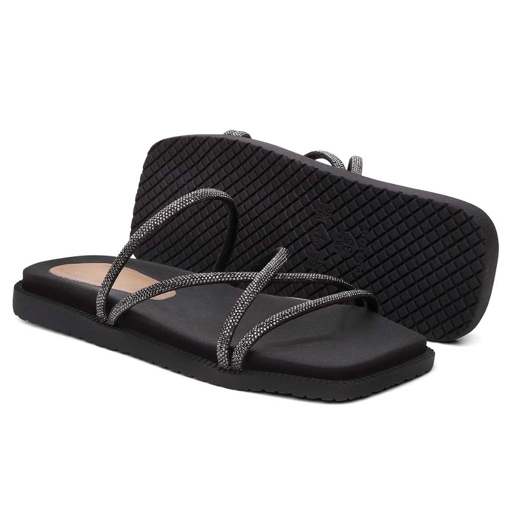 Sandalia Feminina Papete Birken Tiras em Strass Pedrinha Flatform Macia Brilhante Leve Estilosa Confortavel