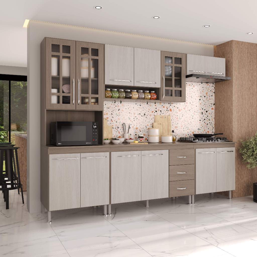 Armário de Cozinha Modulada Completa Fidelitá Paris 5 Peças 260cm 13 Portas 3 Gavetas Com Tampo Nogal/Salinas