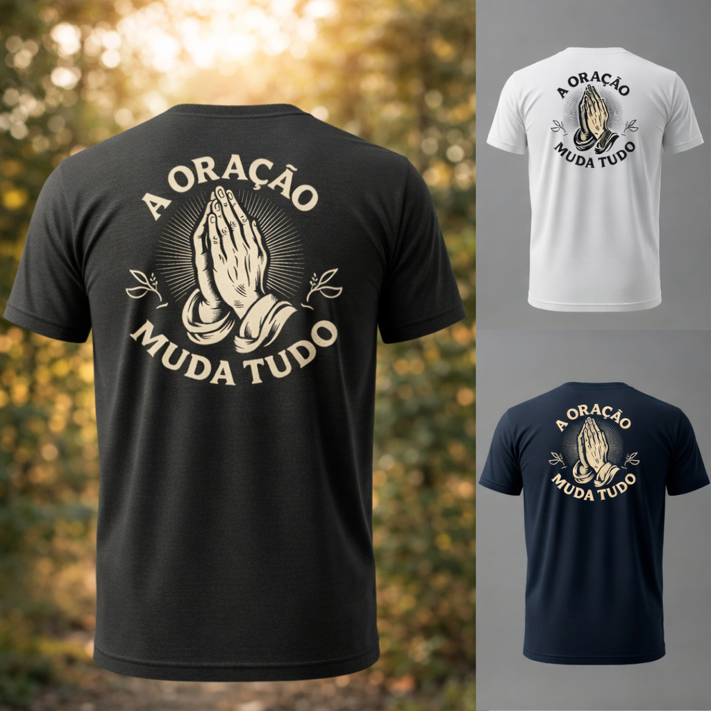 Camiseta Básica 100% Algodão Católica Jesus Oração Muda tudo