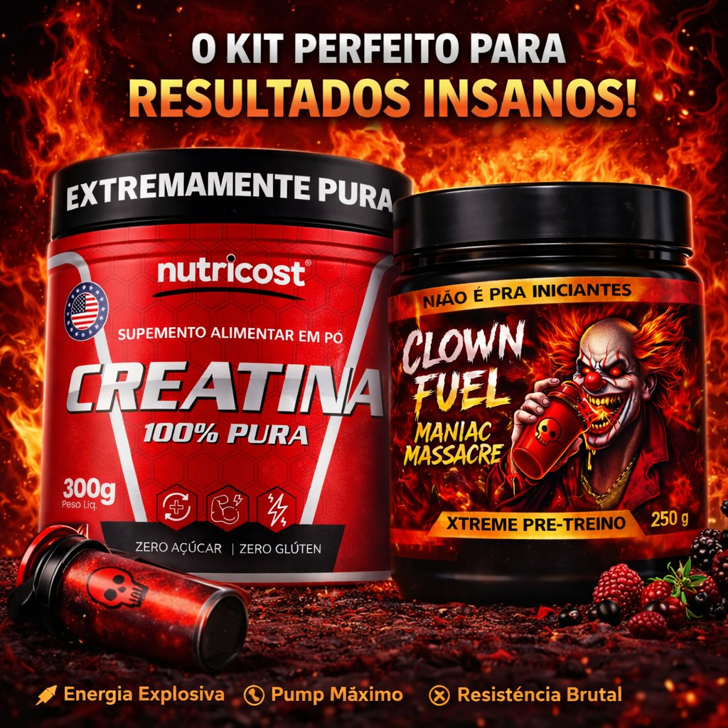 Kit Creatina 100% Pura Nutricost 300g + Clown Fuel Pré Treino | Suplemento para Treino
