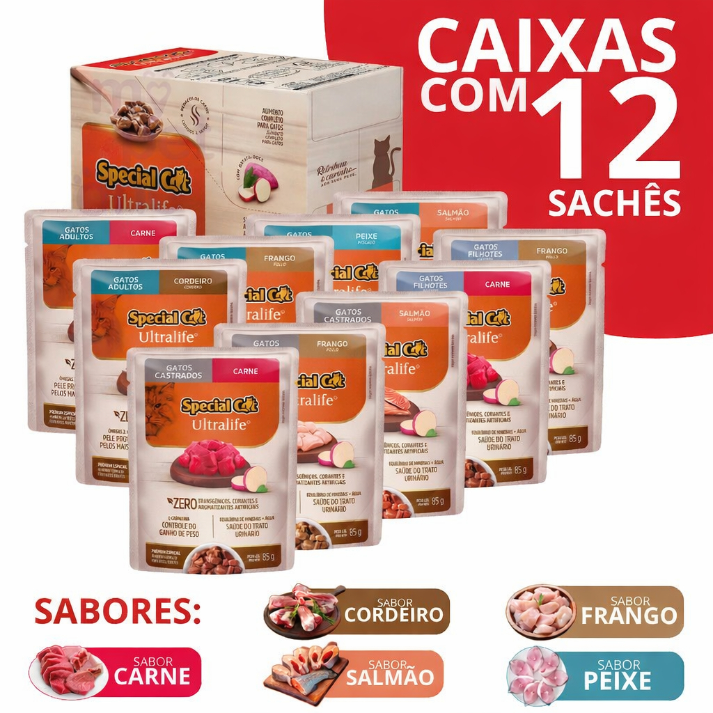 Ração Úmida Special Cat Sachê Para Gatos  Caixa com 12 Unidades 85g Cada Varios Sabores em Oferta na Shopee