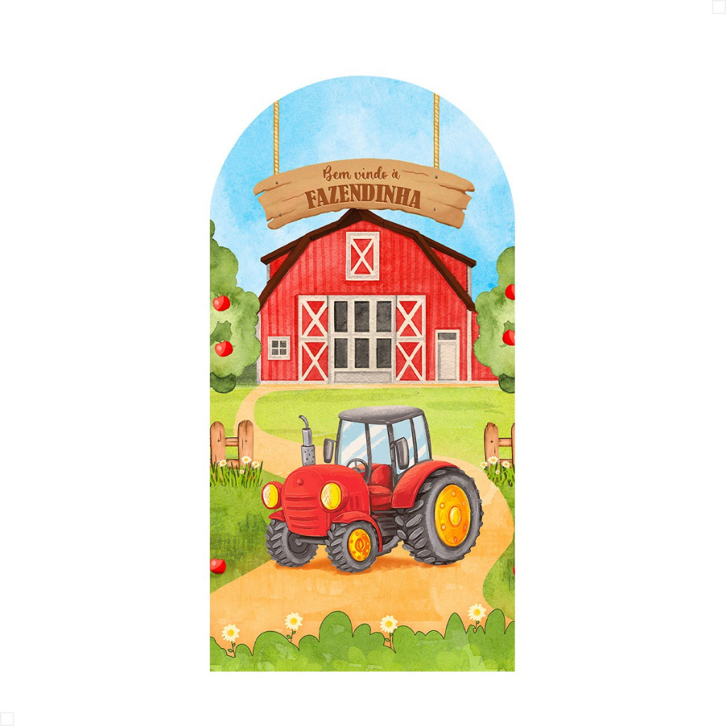 Capa Painel Romano 2x1 Festa Vest Fácil Malha New Premium Tema Fazendinha Trator Celeiro Infantil Decoração