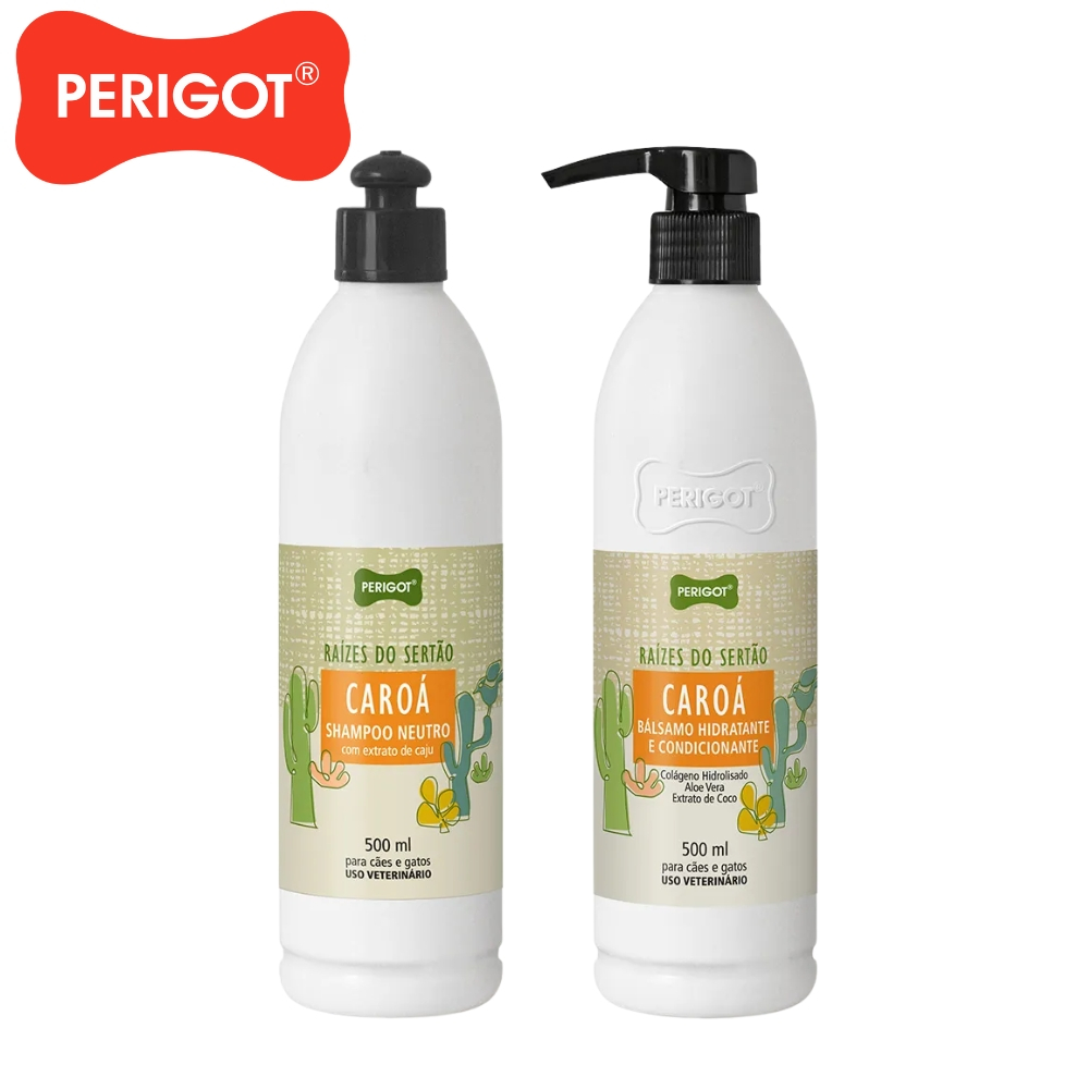 Kit Shampoo Caroá Perigot 500ml + Bálsamo Hidratante 500ml Pet 2 em 1 Diluição 1:4 Raízes do Sertão