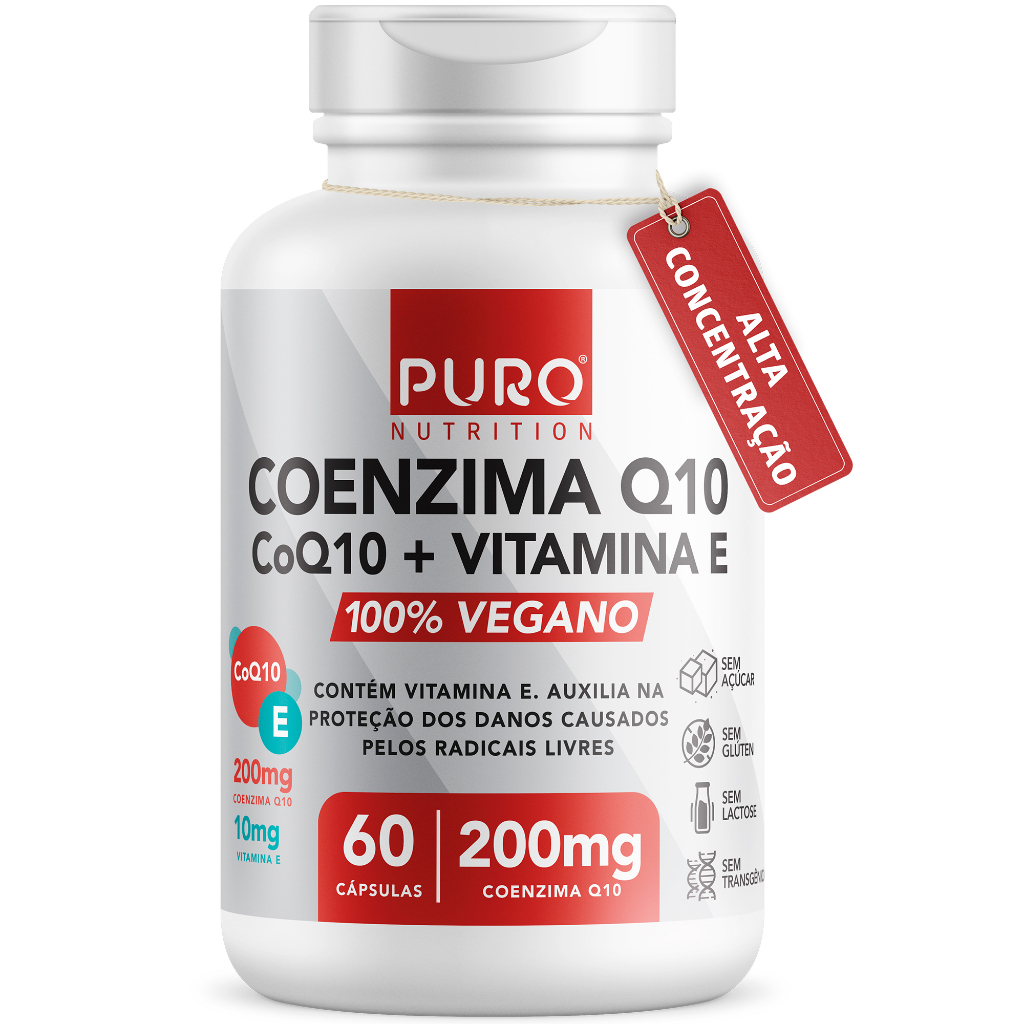 Coenzima Q10 200 mg Puro Nutrition + Vitamina E, CoQ10, 60 Cápsulas, Suplemento Vegano em Oferta na Shopee