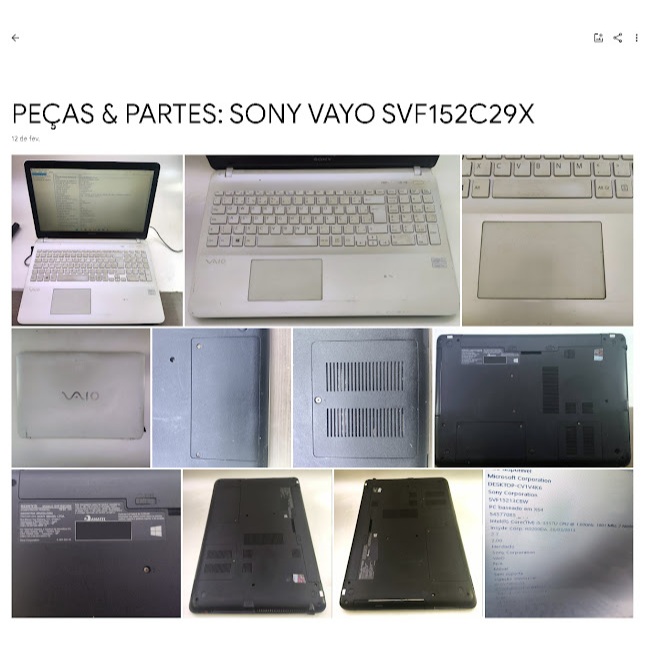 PEÇAS E PARTES INDIVIDUAL NOTEBOOK SONY VAYO SVF152C29X